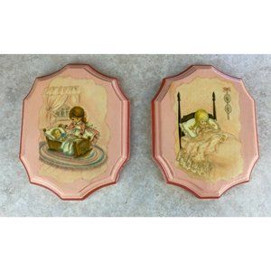 Wooden Vintage Plaque Girl Illustration Wall Art Cute SET OF 2 - 60s 70s